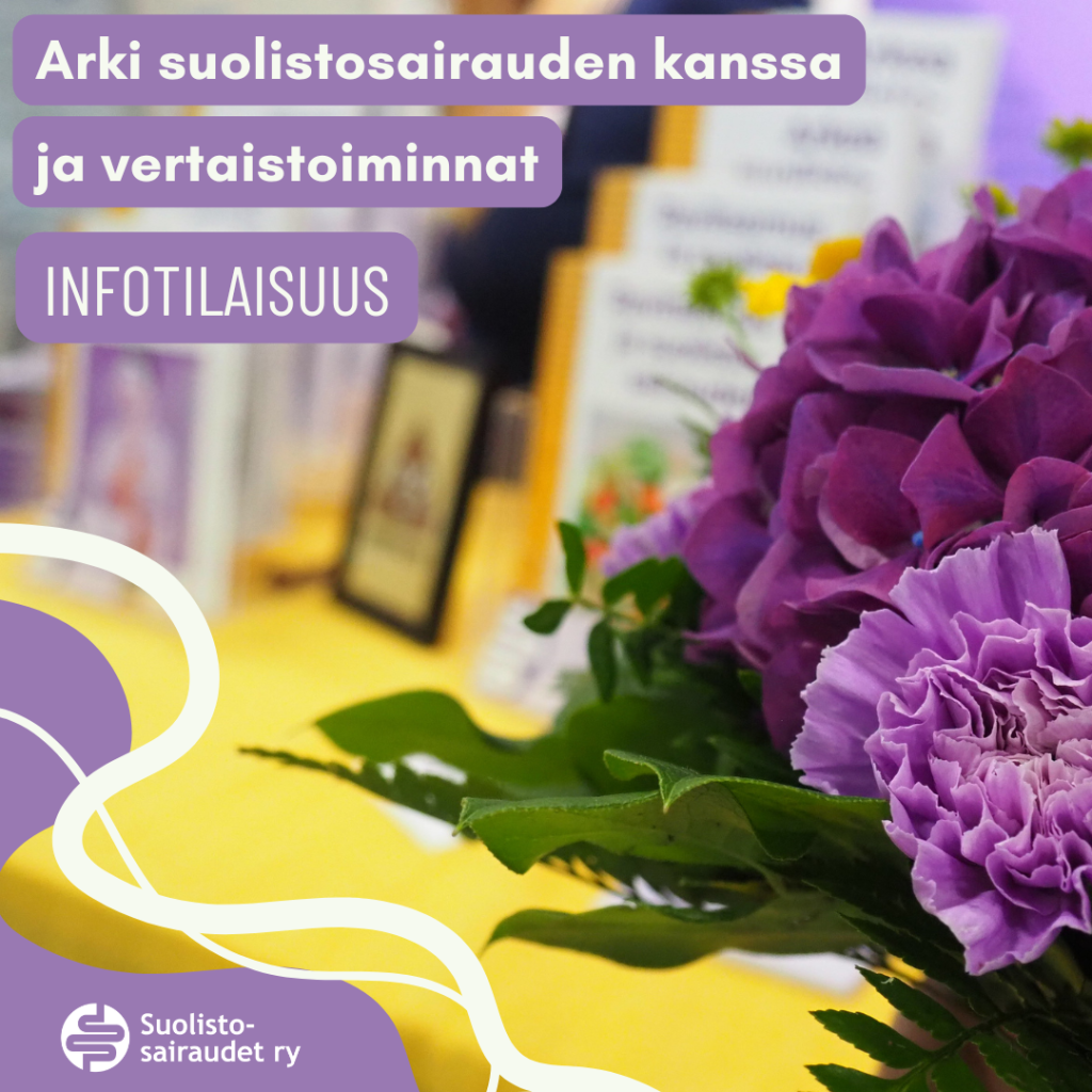 Kuvituskuva, jossa teksti arki suolistosairauden kanssa ja vertaistoiminnat, infotilaisuus