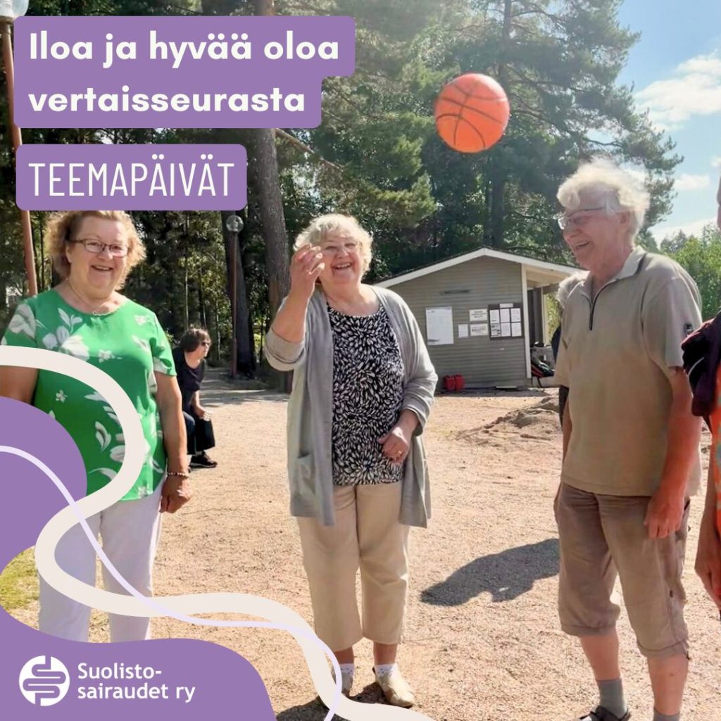 Kuvituskuva, jossa teksti iloa ja hyvää oloa vertaisseurassa, teemapäivät