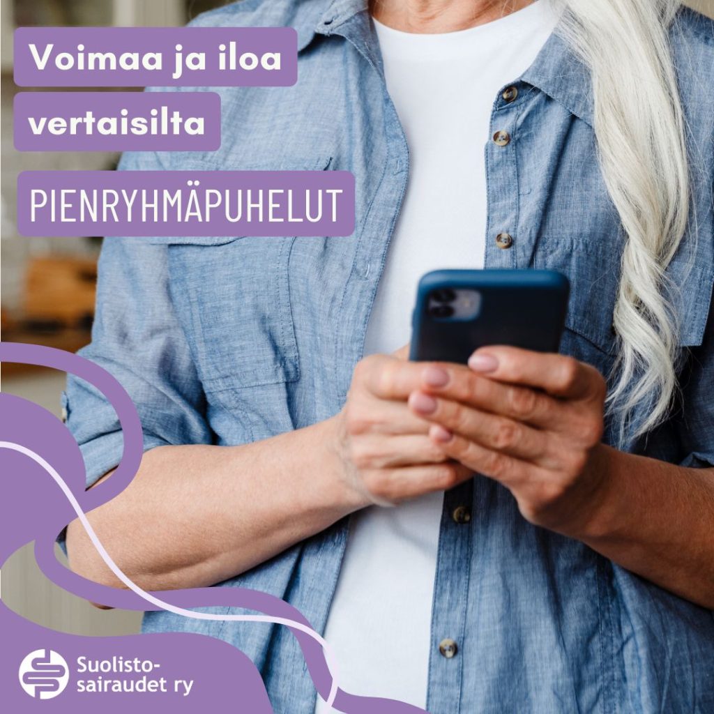 Kuvituskuva, jossa teksti voimaa ja iloa vertaisilta. Pienryhmäpuhelu.