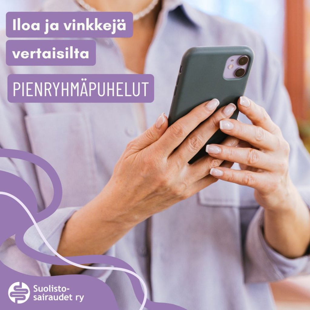 Kuvituskuva, jossa teksti iloa ja vinkkejä vertaisilta. Pienryhmäpuhelu.