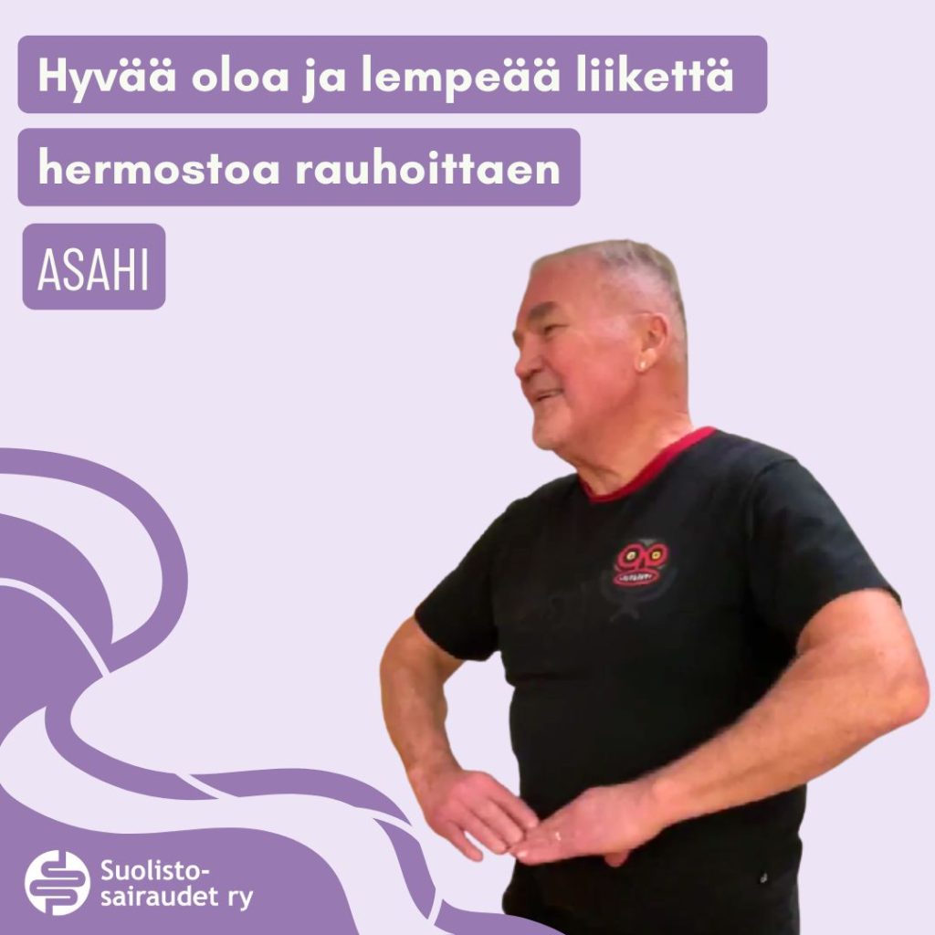 Kuvituskuva, jossa teksti hyvää oloa ja lempeää liikettä hermostoa rauhoittaen, Asahi.