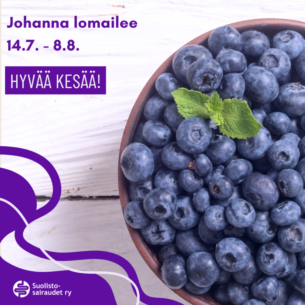 Kuvituskuva, jossa teksti Johanna lomailee 14.7.-8.8. Hyvää kesää!