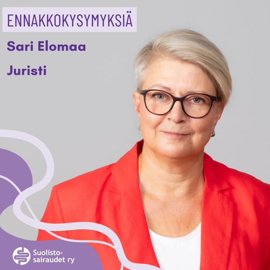 Kuvituskuva, jossa teksti ennakkokysymyksiä, Sari Elomaa, juristi