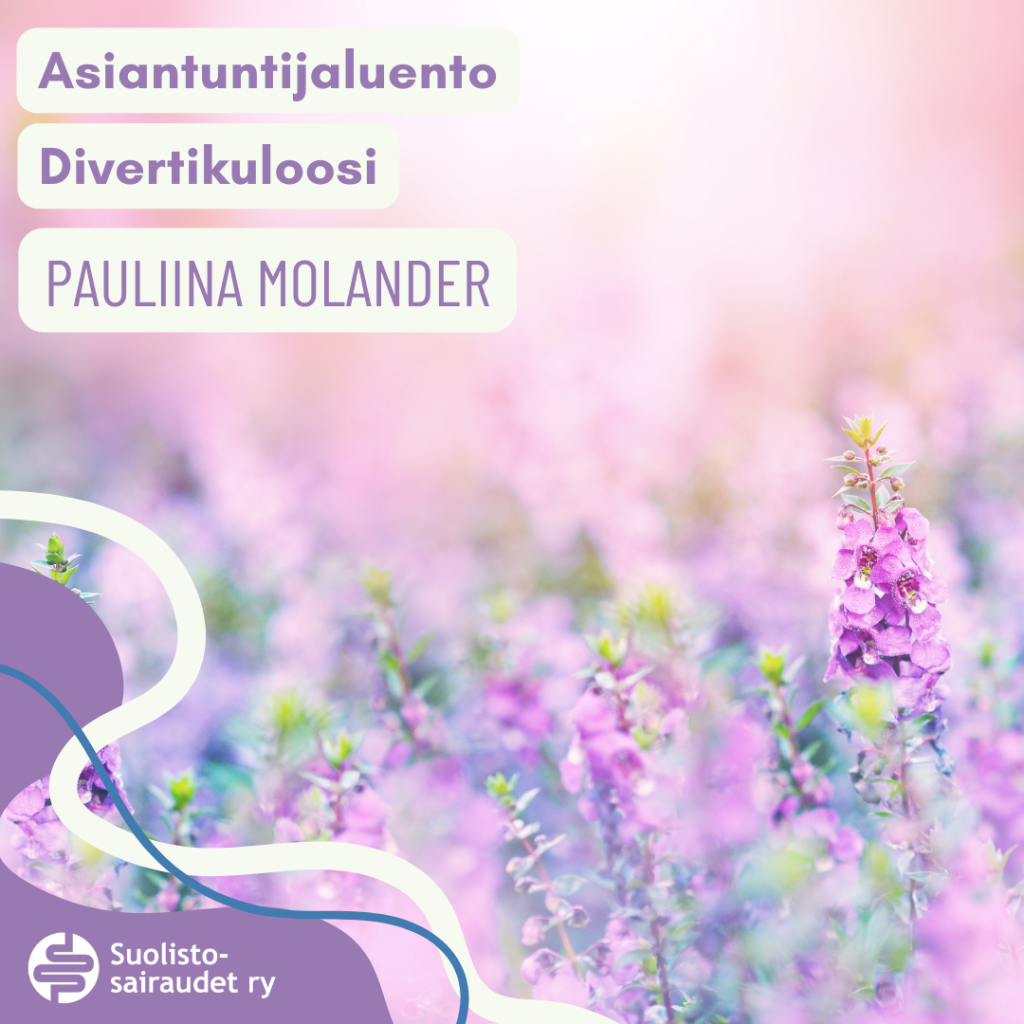 Kuvituskuva, jossa teksti Asiantuntijaluento Divertikuloosi Pauliina Molander