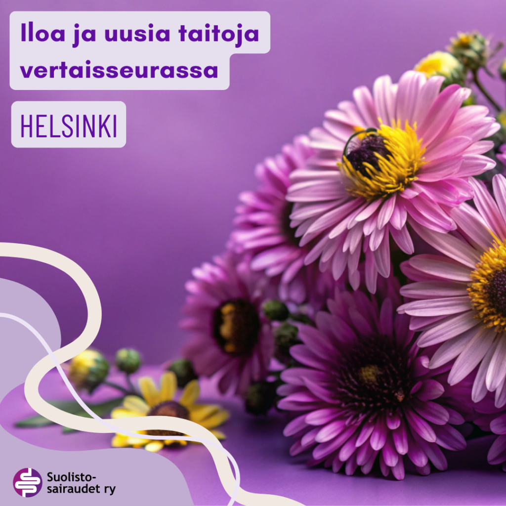 Kuvituskuva, jossa teksti: Iloa ja uusia taitoja vertaisseurassa. Helsinki.