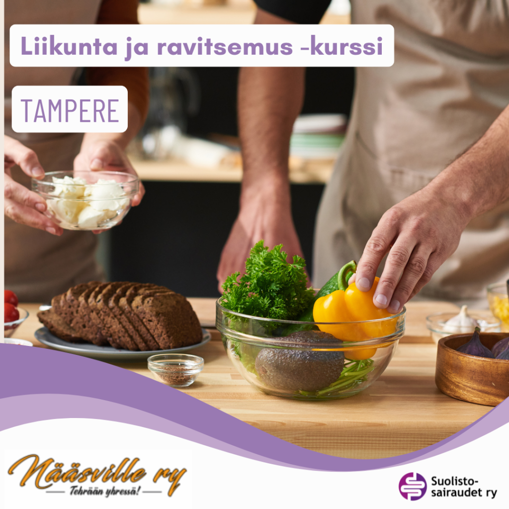 Kuvituskuva, jossa teksti Liikunta ja ravitsemus -kurssi, Tampere.