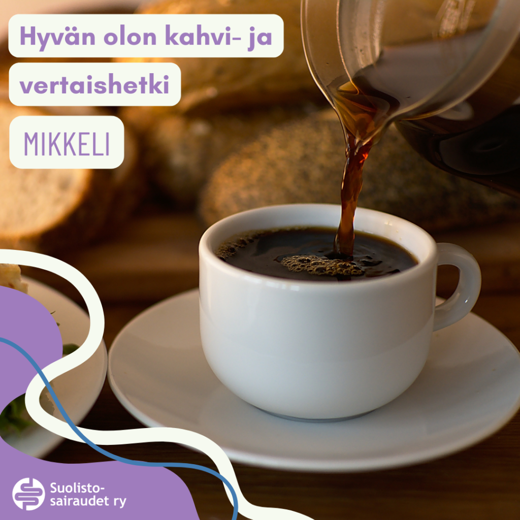 Kuvituskuva, jossa teksti hyvän olon kahvi- ja vertaishetki, Mikkeli
