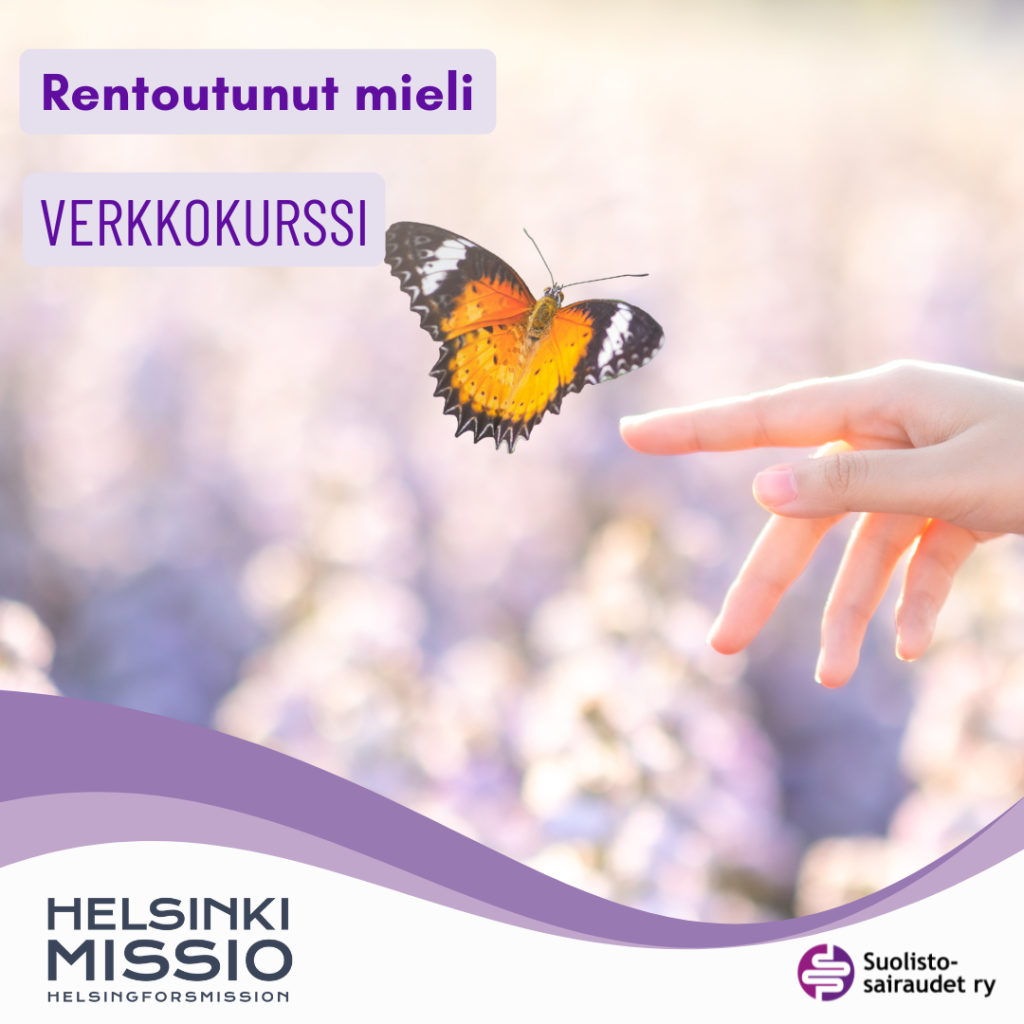 Kuvituskuva, jossa teksti rentoutunut mieli verkkokurssi sekä logot HelsinkiMissio ja Suolistosairaudet ry