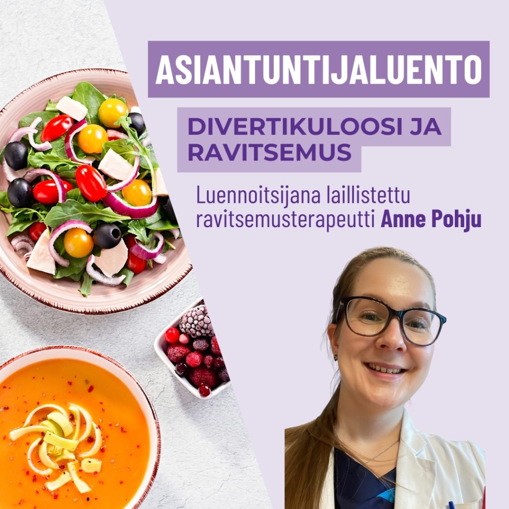 Kuvituskuva, jossa teksti asiantuntijaluento divertikuloosi ja ravitsemus. Luennoitsijana laillistettu ravitsemusterapeutti Anne Pohju.