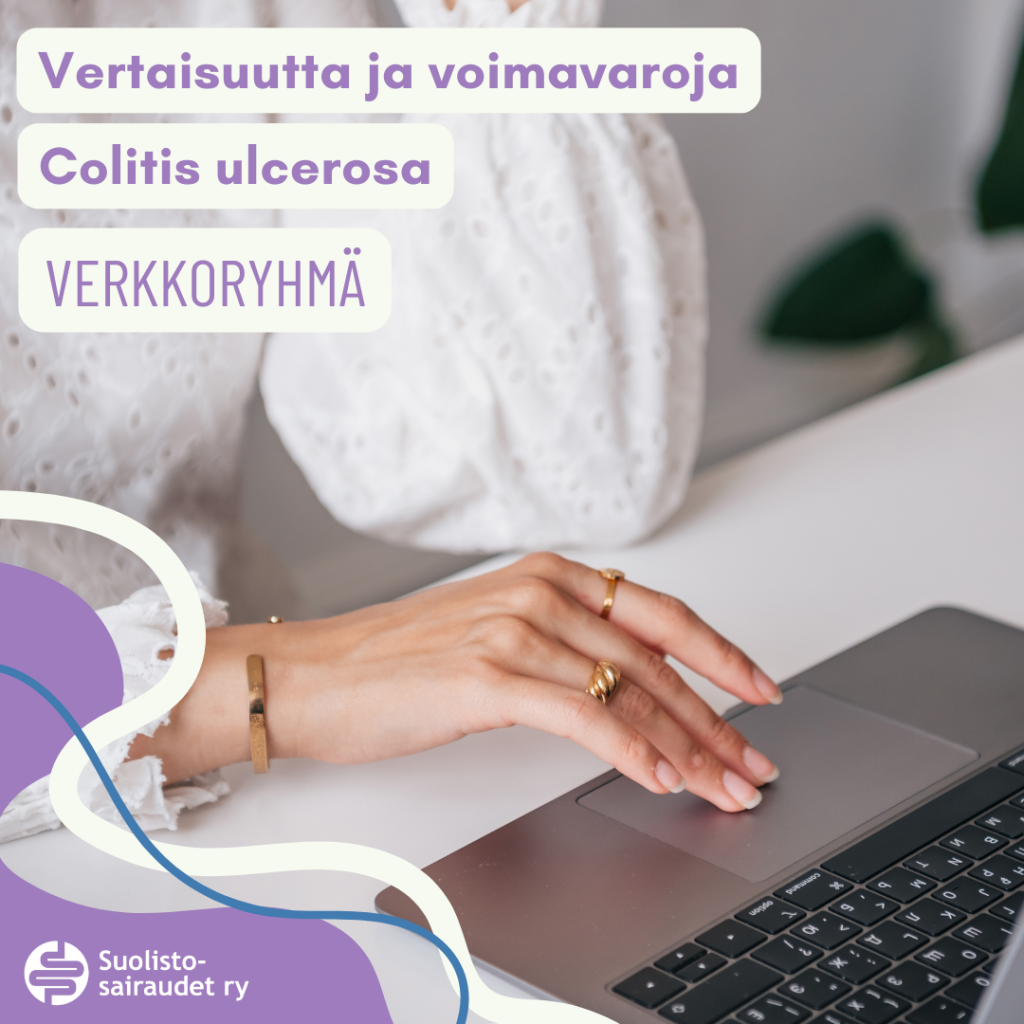 Kuvituskuva, jossa teksti vertaisuutta ja voimavaroja, colitis ulcerosa, verkkoryhmä