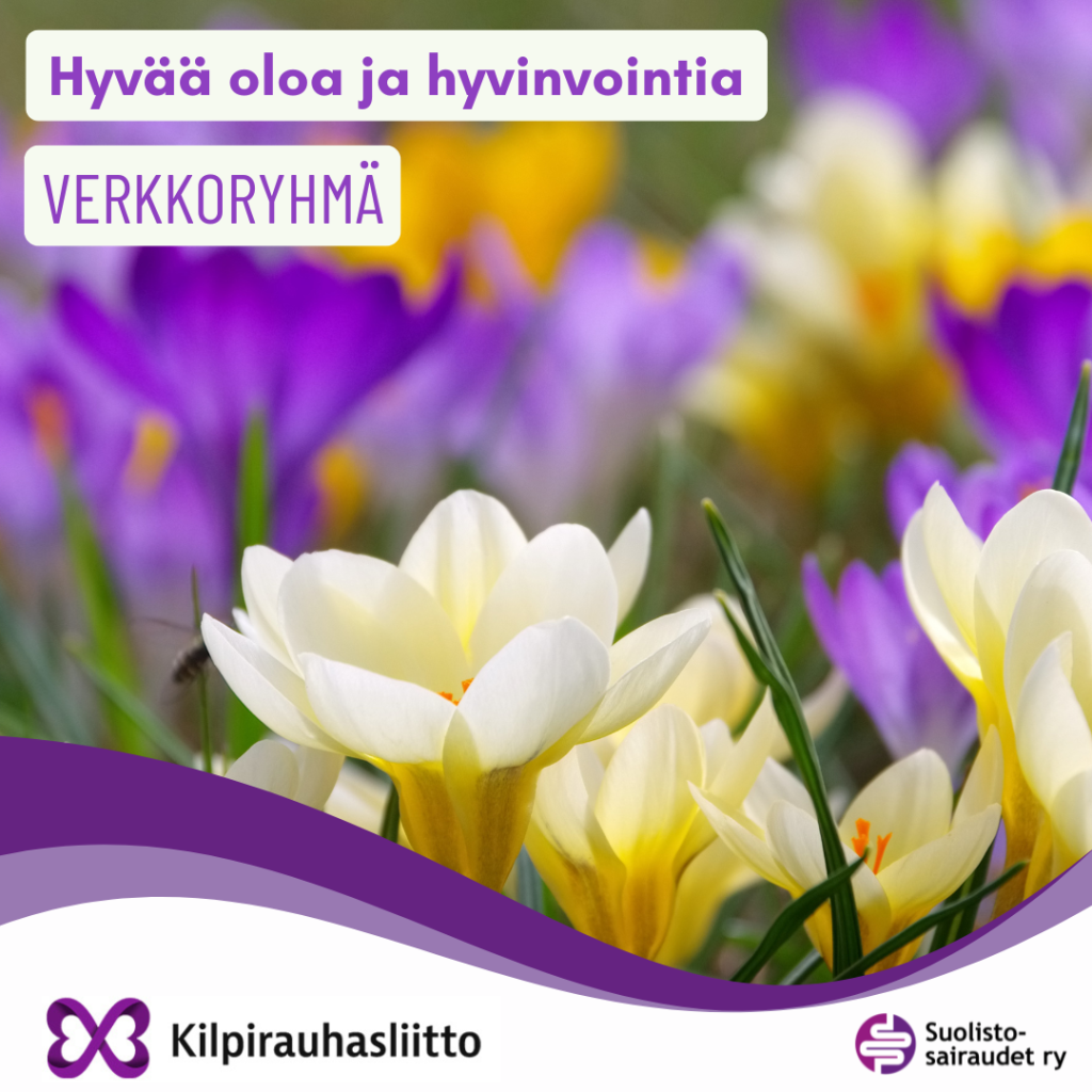 Kuvituskuva, jossa teksti hyvää oloa ja hyvinvointia verkkoryhmä