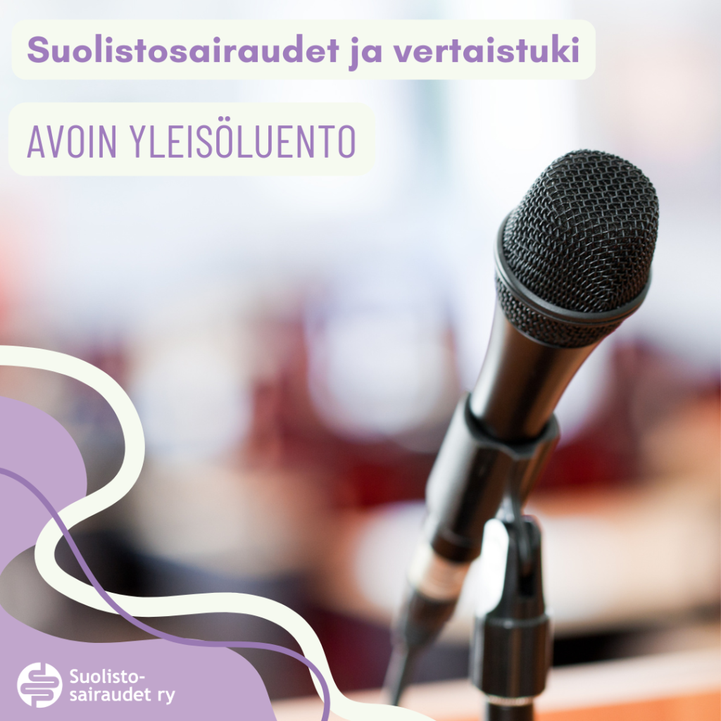 Kuvituskuva, jossa teksti Suolistosairaudet ja vertaistuki, avoin yleisötilaisuus