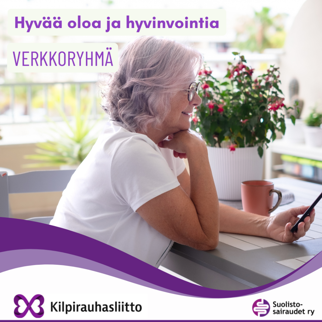 Kuvituskuva, jossa teksti hyvää oloa ja hyvinvointia, verkkoryhmä.