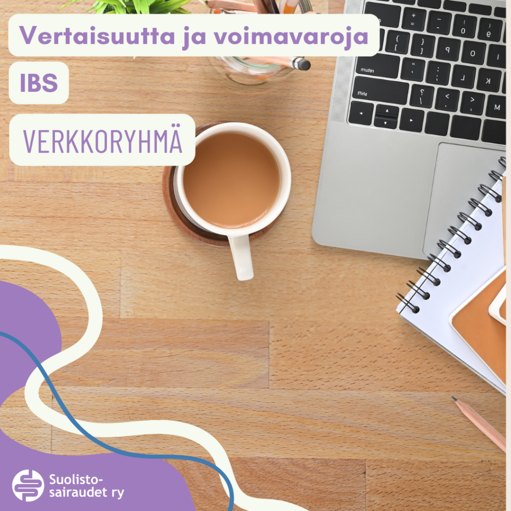 Kuvituskuva, jossa teksti vertaisuutta ja voimavaroja IBS verkkoryhmä