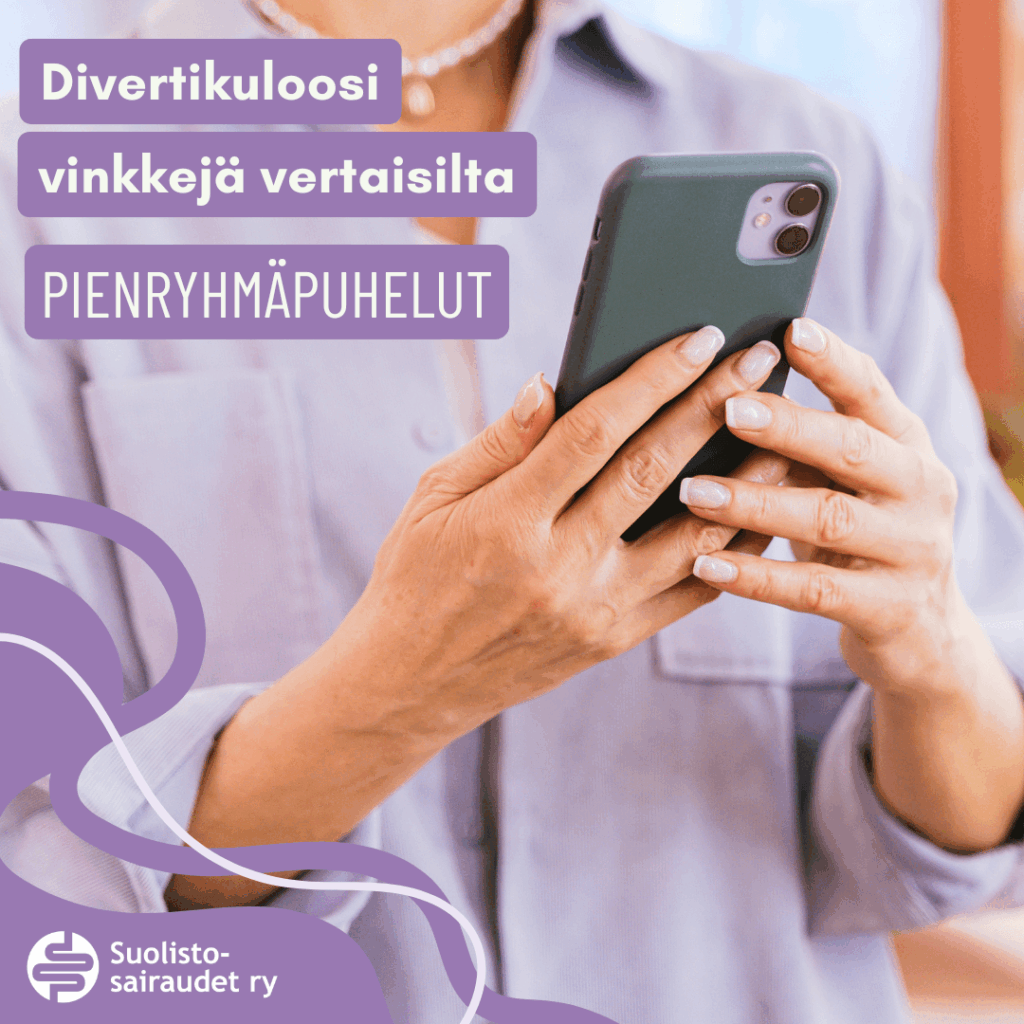 Kuvituskuva, jossa teksti divertikuloosi, vinkkejä vertaisilta. Pienryhmäpuhelut.