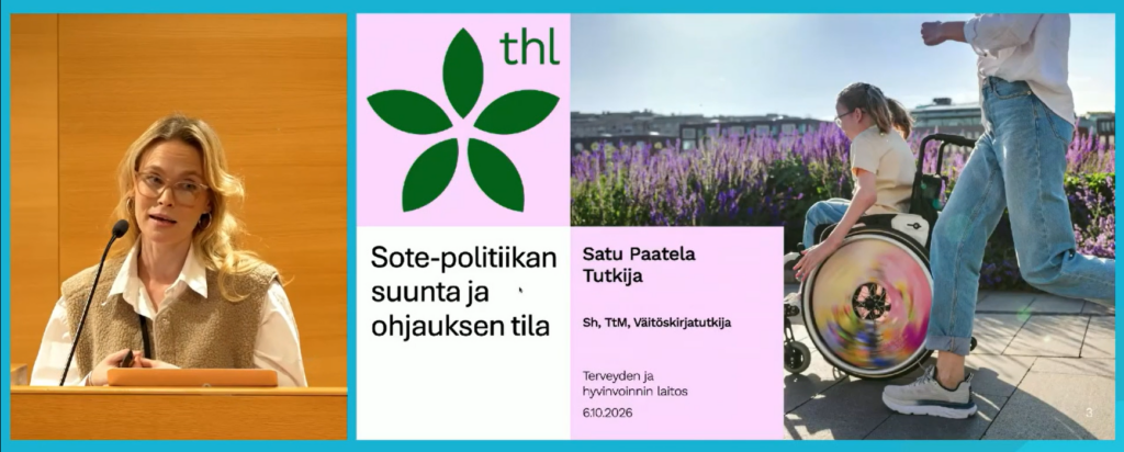 Kuvakaappaus keskustelutilaisuudesta eduskunnan pikkuparlamentissa. Kuvassa tutkija Satu Paatela puhumassa aiheesta Sote-politiikan suunta ja ohjauksen tila.